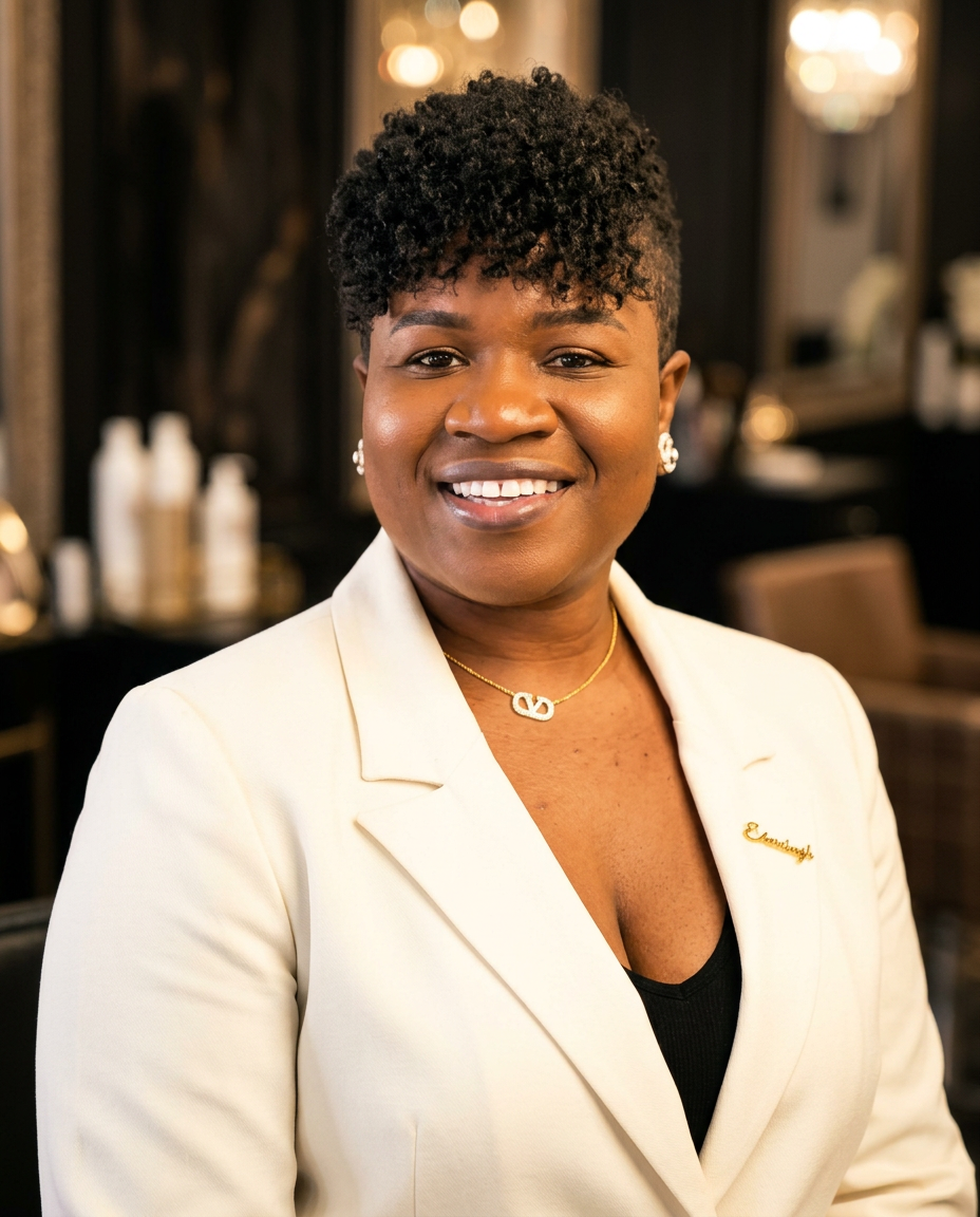 Mickaelle Dorinvil, founder and owner of EDMICKA Beauty Salon, smiling in an ivory blazer